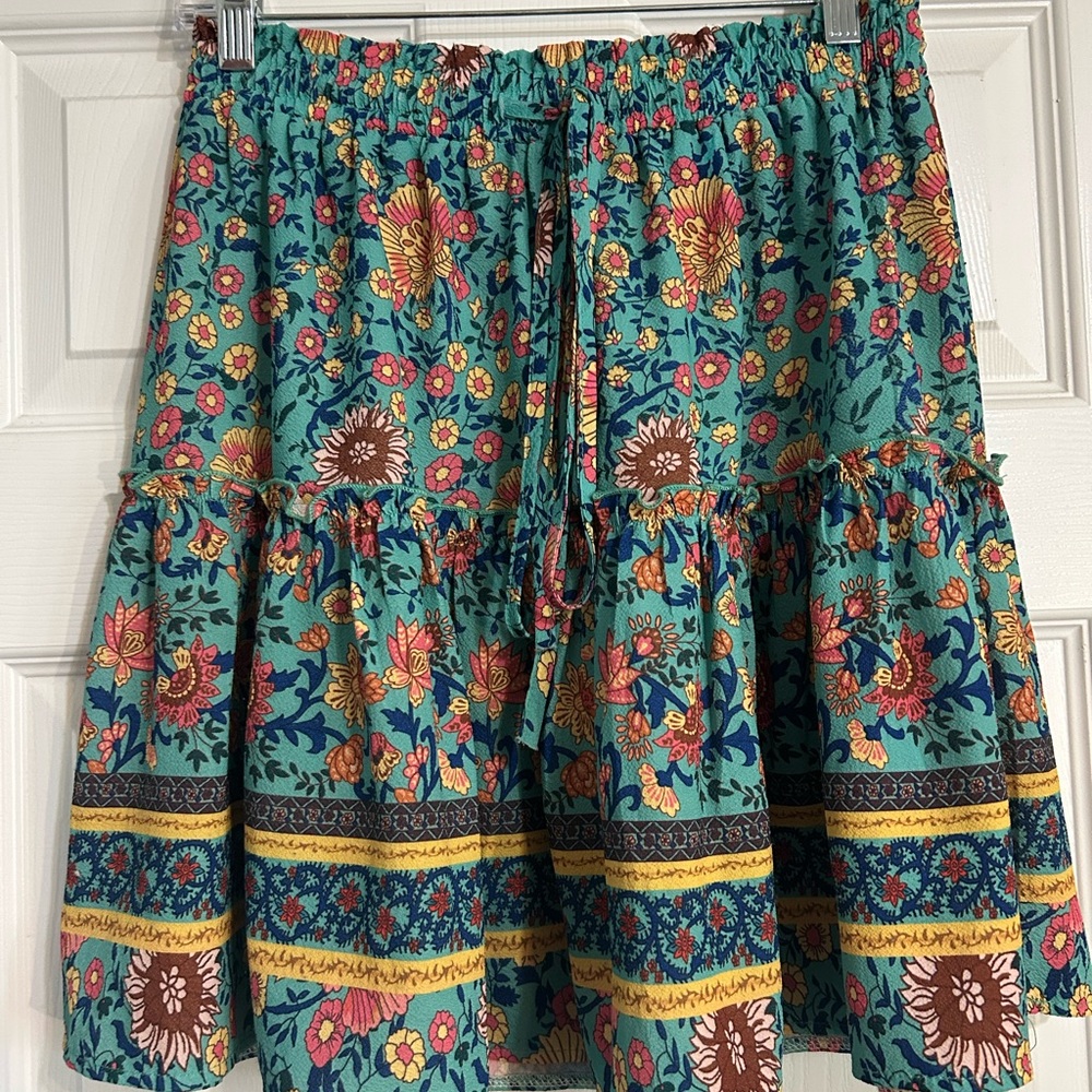Vibrant Floral Mini Skirt in Teal and Yellow